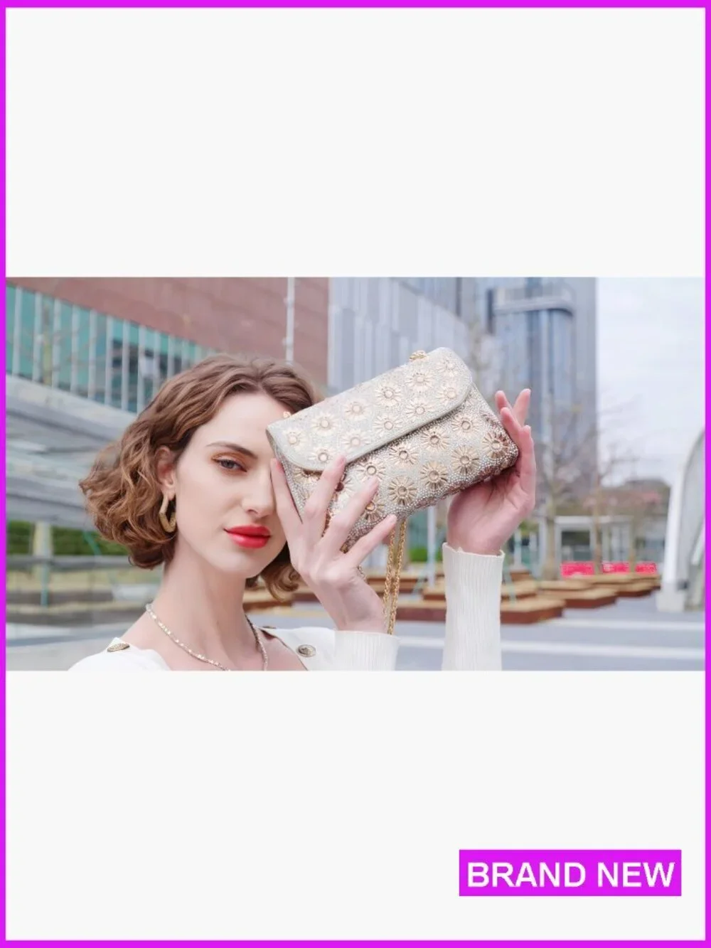 Rhinestone Evening Clutch Purse with Chain Elegant Floral Pattern Women's